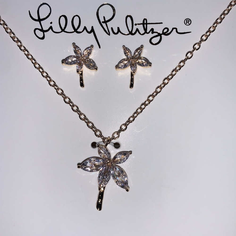 Lilly Pulitzer Gold Palm Tree earrings with matching necklace - Picture 2 of 3